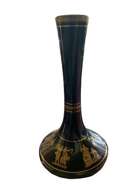 Vintage Spyropoulos Blueblack Porcelain Vase w/24k Gold Trim, Hellenistic Scenes
